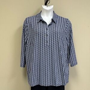 Talbots Navy and White Patterned Blouse